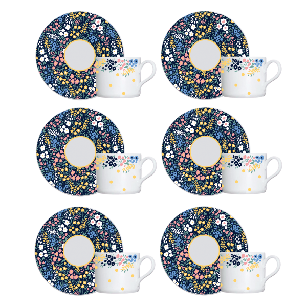 Kit de 6 xícaras café com 6 pires Cottagecore