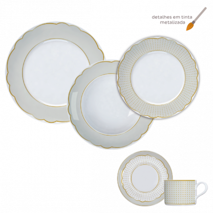 Jogo de jantar 30 peças Royal Off-white – detalhes em tinta metalizada