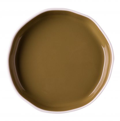 Prato de sobremesa Origem branco fosco, verniz verde oliva.