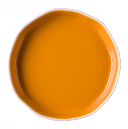 Prato de sobremesa Origem branco fosco, verniz amarelo.