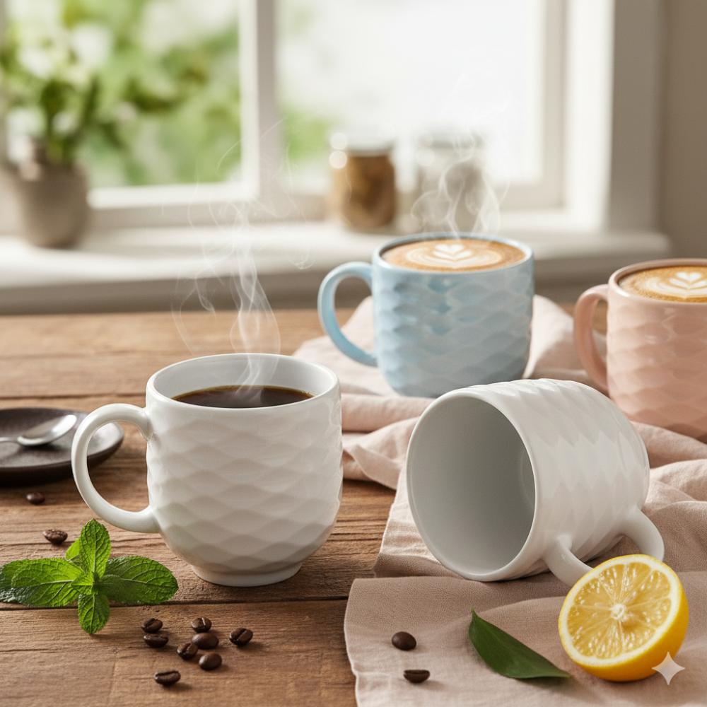 Caneca Chá Café Branca 402ml Relevo Ondas Germer Porcelanas - Imagem 2