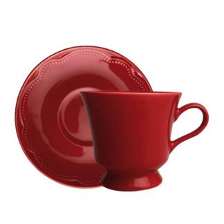 Xícara Chá Pires Relevo Cottage Vermelha