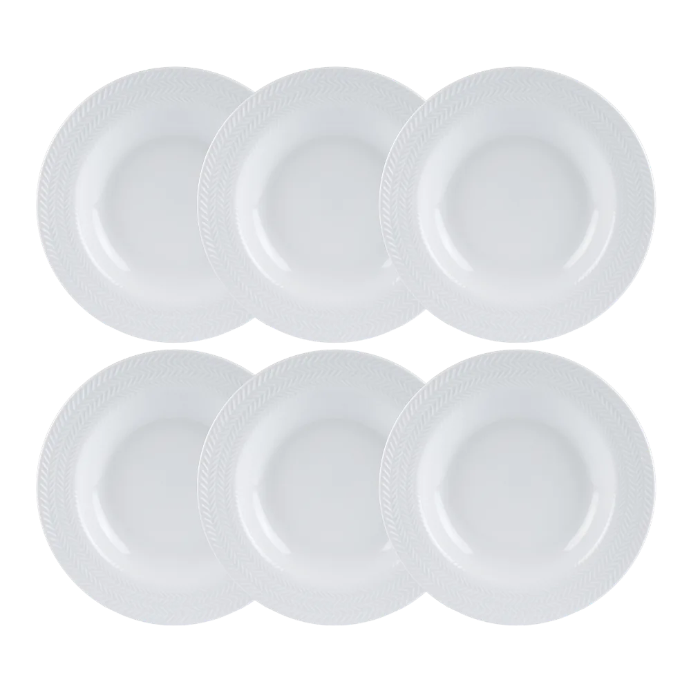 Kit 06 Prato Fundo Relevo Chevron Branco Germer Porcelanas