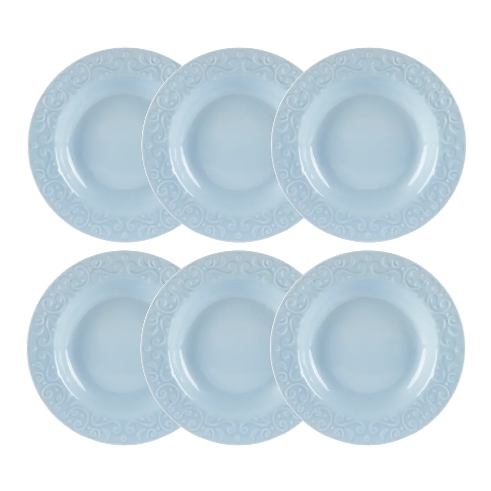 Kit 06 Pratos Fundos Relevo Tassel Azul Germer Porcelanas