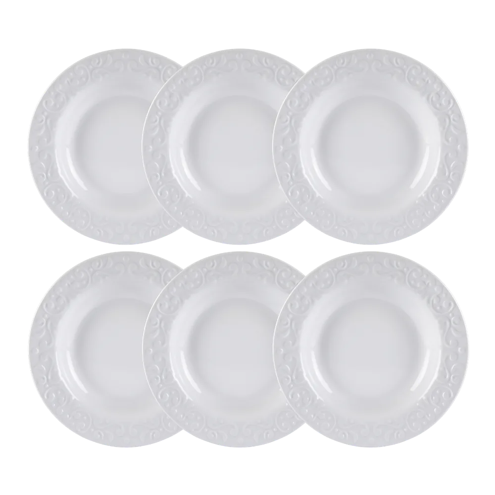 Kit 06 Pratos Fundos Relevo Tassel Branco Germer Porcelanas