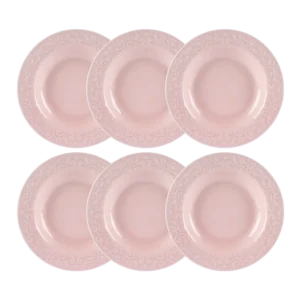 Kit 06 Pratos Fundos Relevo Tassel Rosa Germer Porcelanas