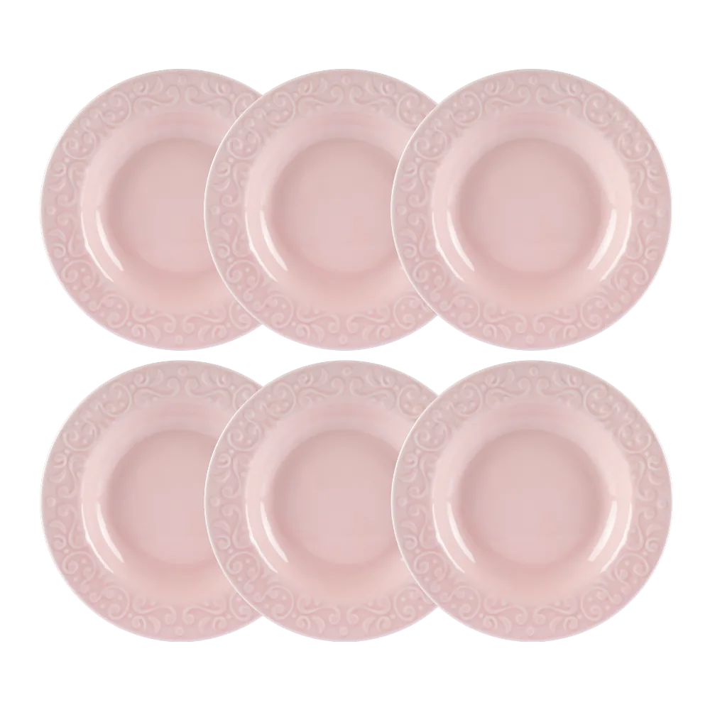 Kit 06 Pratos Fundos Relevo Tassel Rosa Germer Porcelanas