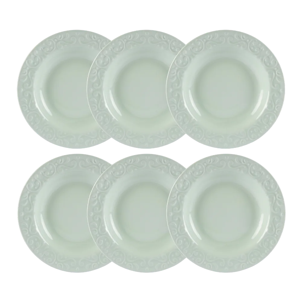 Kit 06 Pratos Fundos Relevo Tassel Verde Germer Porcelanas