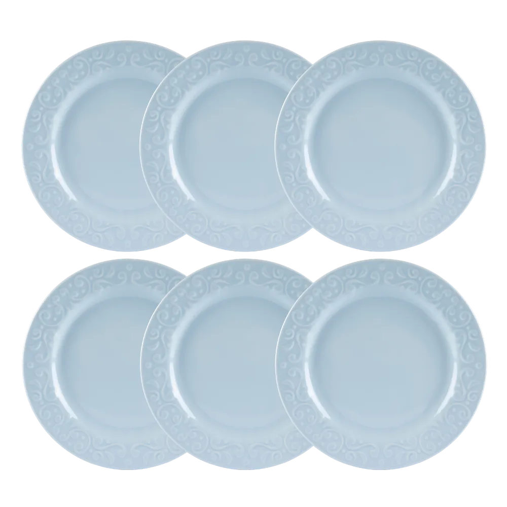 Kit 06 Pçs Pratos Rasos Relevo Tassel Azul Germer Porcelanas