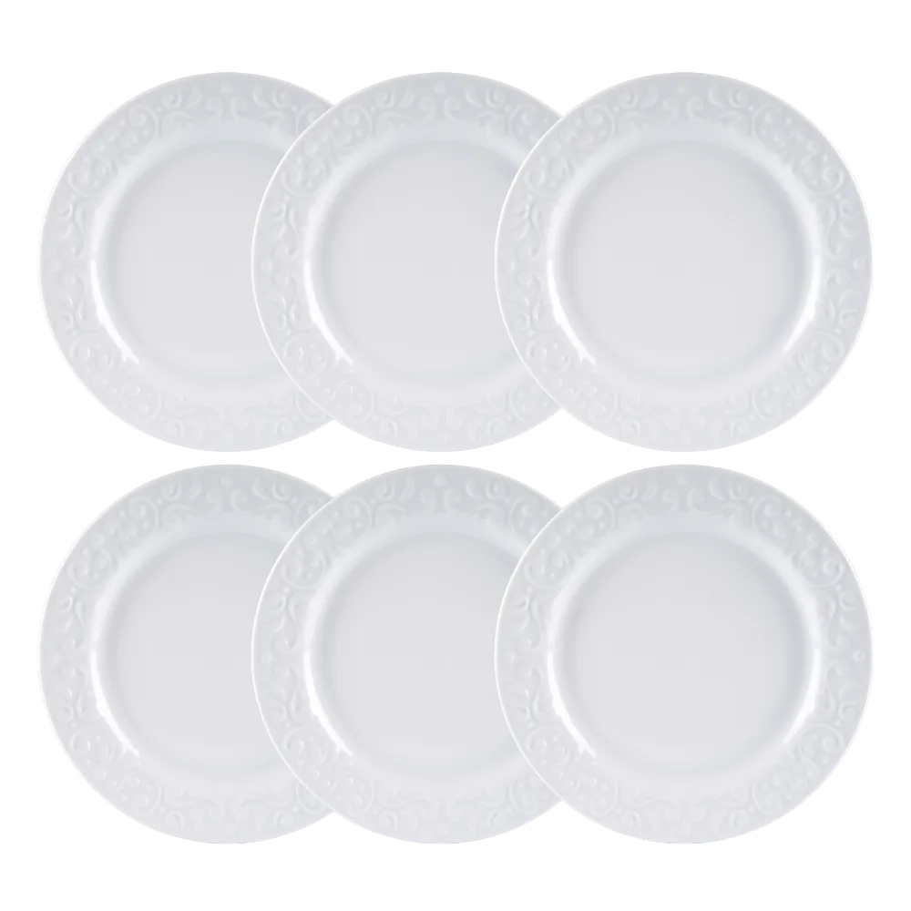Kit 06 Pratos Rasos Relevo Tassel Branco Germer Porcelanas