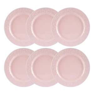 Kit 06 Pçs Pratos Rasos Relevo Tassel Rosa Germer Porcelanas
