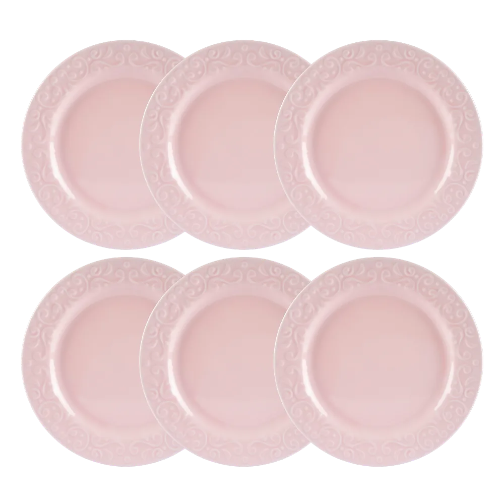 Kit 06 Pçs Pratos Rasos Relevo Tassel Rosa Germer Porcelanas
