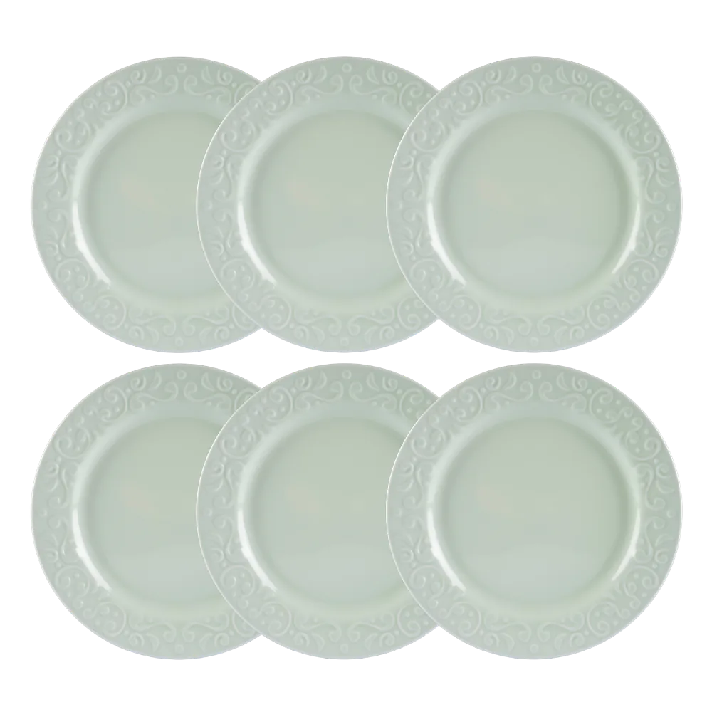 Kit 06 Pç Pratos Rasos Relevo Tassel Verde Germer Porcelanas