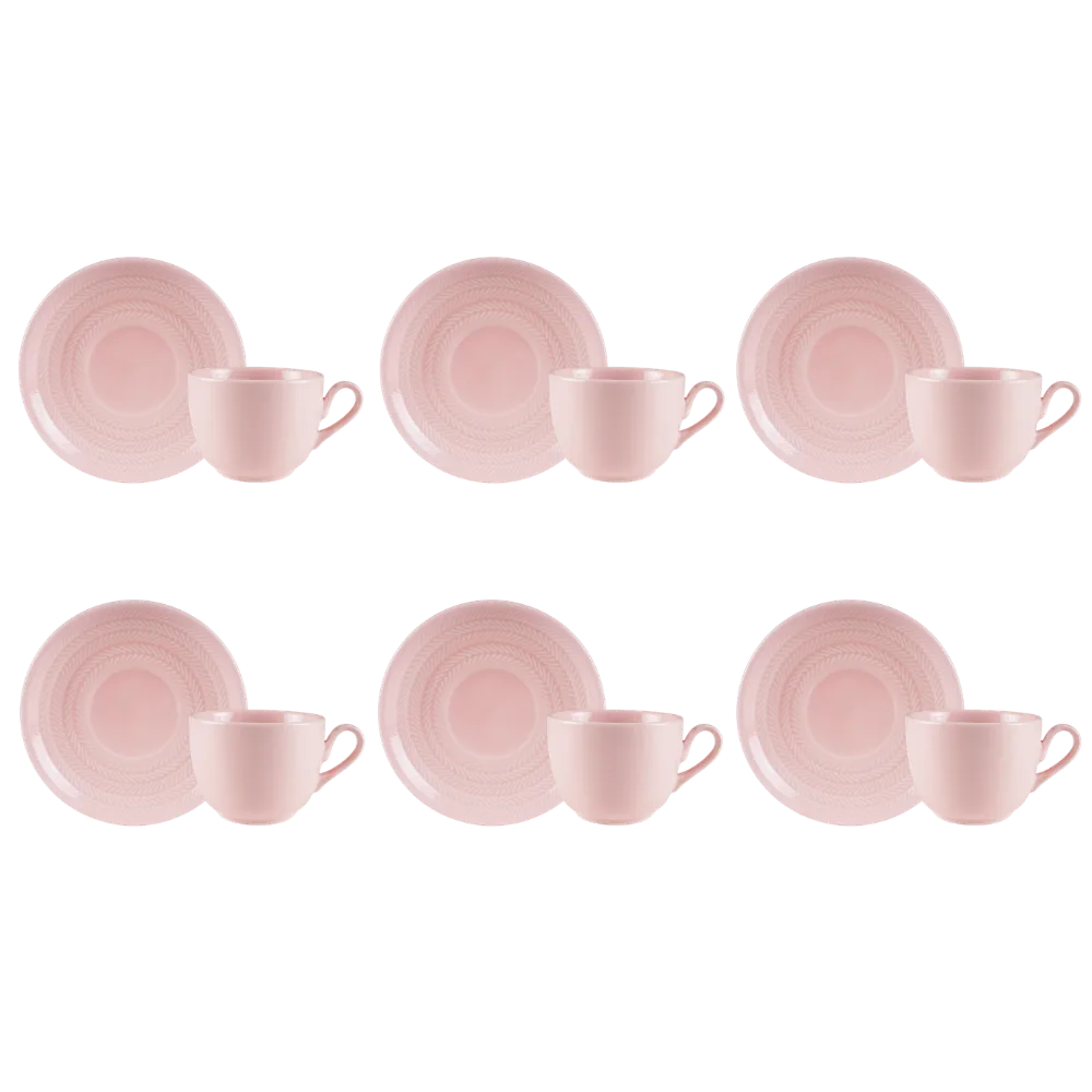Kit 06 Xícara Chá Pires Rosa Fracta Chevron Germer Porcelana