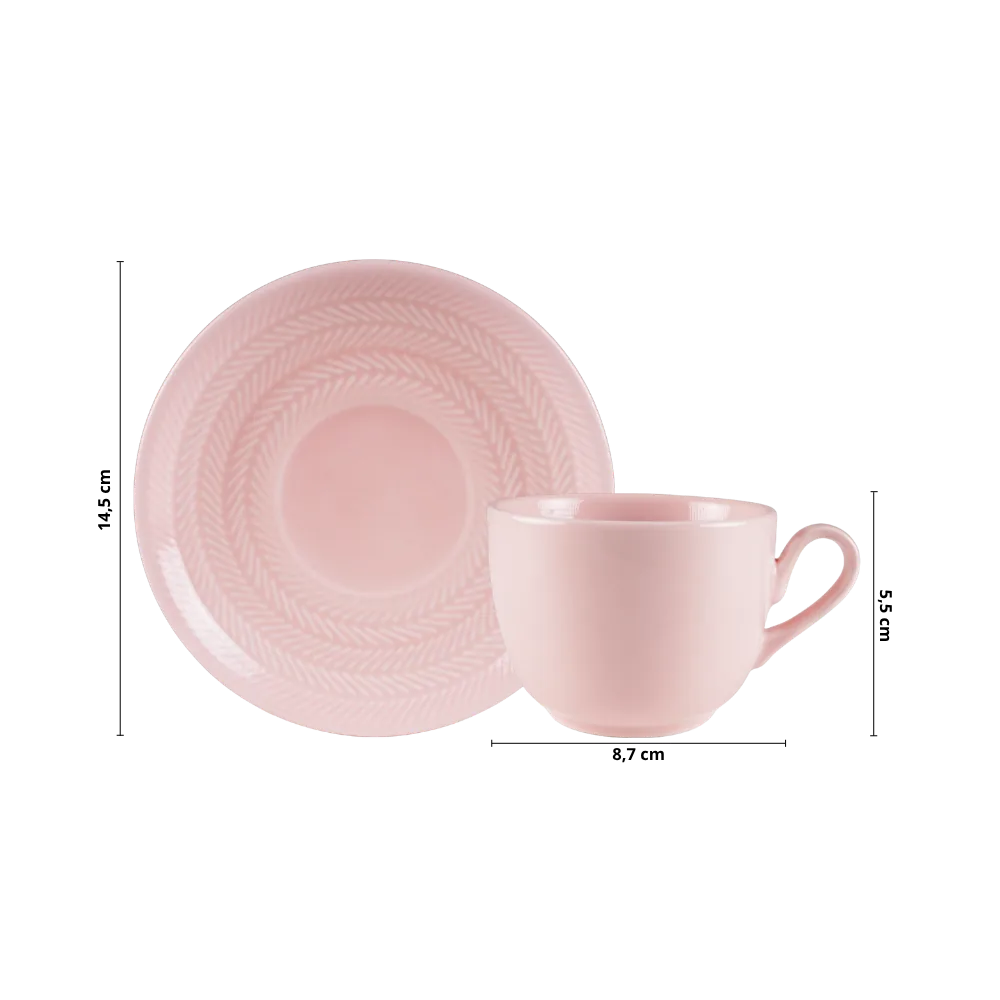 Kit 06 Xícara Chá Pires Rosa Fracta Chevron Germer Porcelana