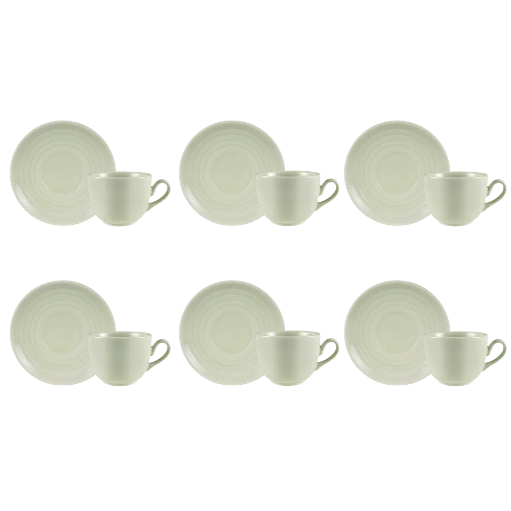 Kit 06 Xícara Chá Pires Verde Menta Chevron Germer Porcelana