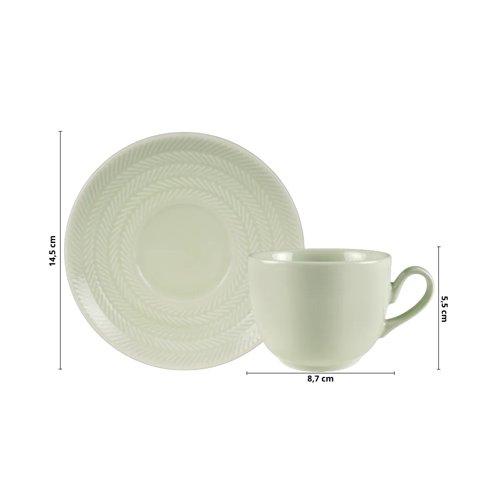 Kit 06 Xícara Chá Pires Verde Menta Chevron Germer Porcelana